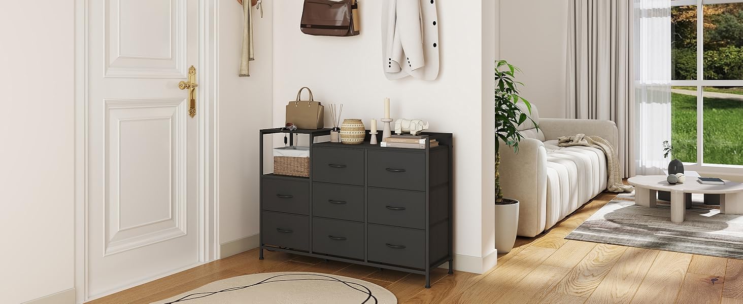 Комод Somdot з висувними ящиками для спальні, вітальні, передпокою з LED-підсвічуванням та розетками (2 AC, 1 USB, 1 Type-C), 5 тканинних ящиків, білий, 29T x 66,5B x 70,5H cm (Чорний, 29T x 99B x 70.5H cm (8 ящиків))