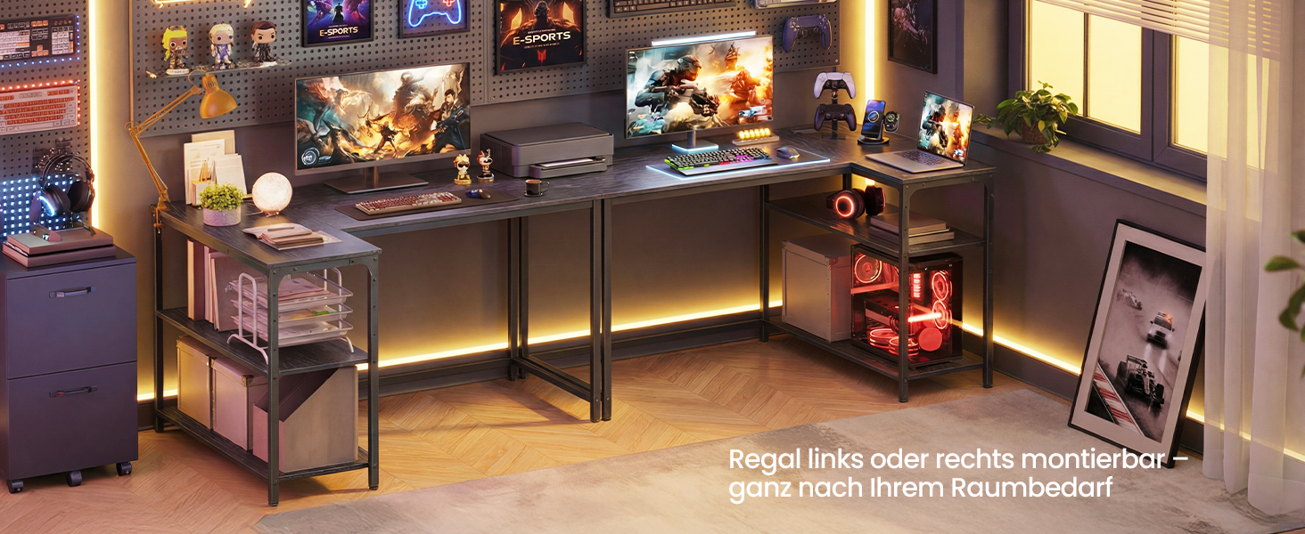 Настільний комп'ютерний стіл VASAGLE L-подібної форми з полицею, для дому та офісу, 110 x 80 см, чорний, без розетки