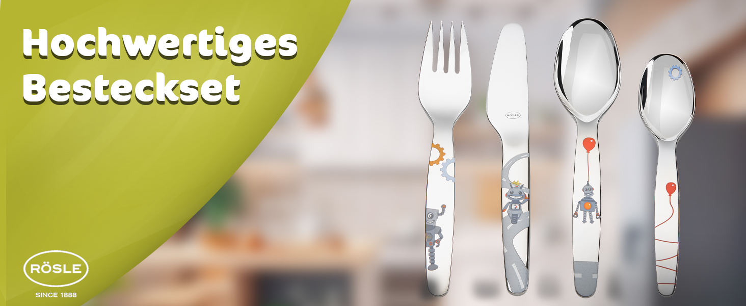 Набір дитячого посуду RÖSLE Kinderbesteck – 4 предмети з нержавіючої сталі 18/10, для дітей від 3 років, безпечний, можна мити в посудомийній машині, чудовий подарунок на хрещення, дизайн 'Маленький робот'