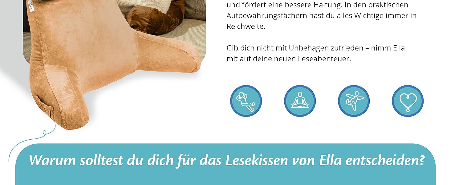Подушка для читання Ella Lesekissen для ліжка та дивану з знімною подушкою для шиї - спинна подушка для ліжка. Подушка для читання з піною з пам'яті з підлокітниками, ідеально підходить для читання, перегляду телевізора, відпочинку або як спинна підтримка (колір: коричневий)
