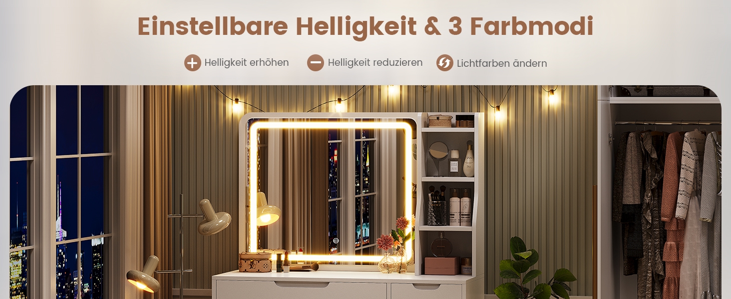 Білий туалетний столик для макіяжу з LED-підсвічуванням та дзеркалом | 3 ящики, 3 полиці, шафка | Столик для макіяжу для спальні