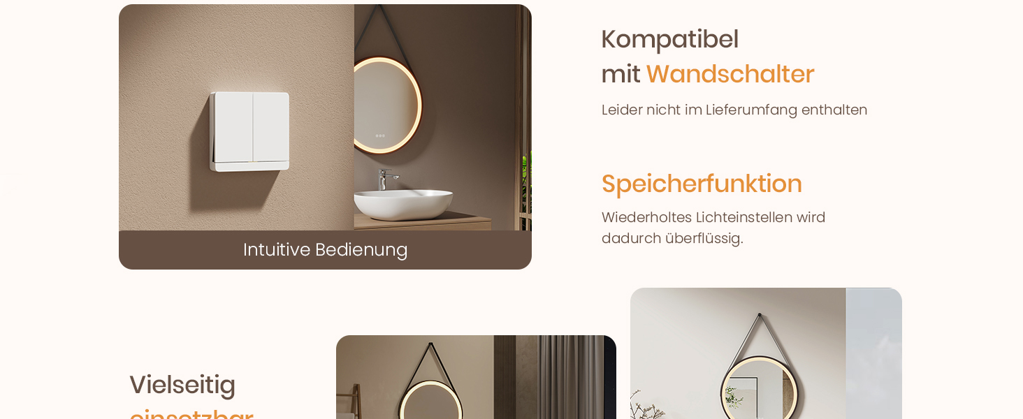 Круглий дзеркало для ванної кімнати EMKE з підсвічуванням 50 см, 3 кольори, регулювання яскравості, антизапар, пам'ять, сенсорне управління, таймер 3 години, енергозберігаючий