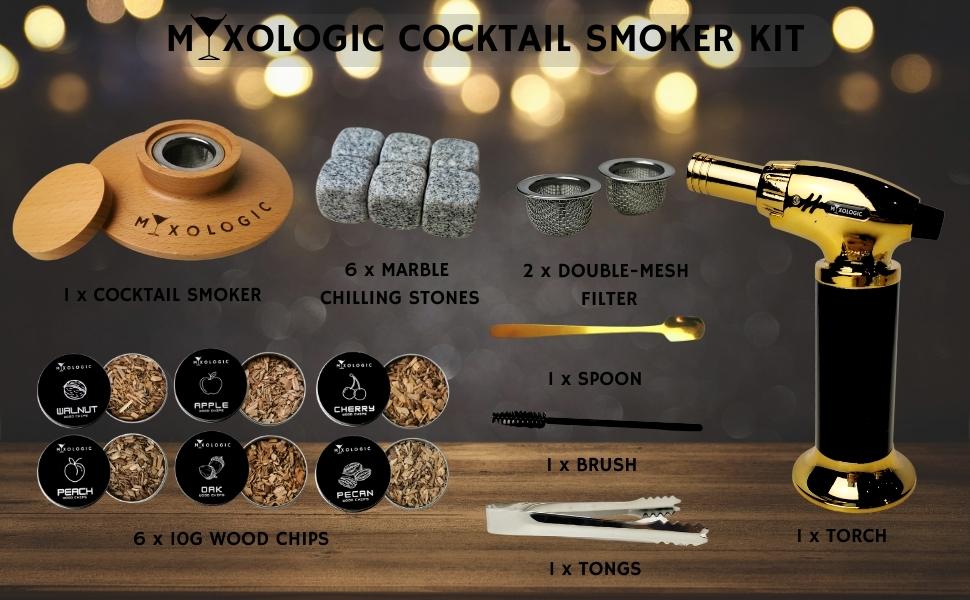 Комплект для копчення коктейлів MIXOLOGIC: набір для віскі, 6 дерев'яних чіпсів, камені для віскі та аксесуари для Old Fashioned
