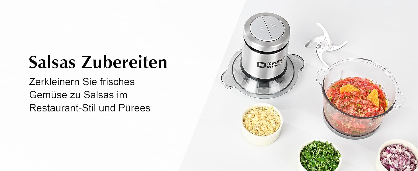 Електричний подрібнювач для кухні Kitchen in the Box 400W з 2 чашами (2L+2L) та двосторонніми лезами з нержавіючої сталі. Подрібнювач для м'яса, овочів, цибулі, фруктів срібного кольору.