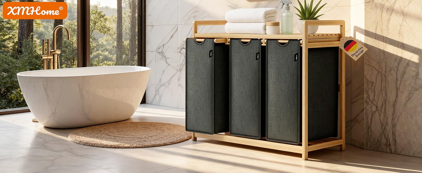 Бамбуковий сортувальник для білизни з 3 відділеннями, 148 літрів, 2 яруси, великий кошик для білизни з знімним мішком, прямокутна коробка для ванної, спальні та пральні, 77.5x41.3x100.5CM, Бежевий (Темно-сірий)