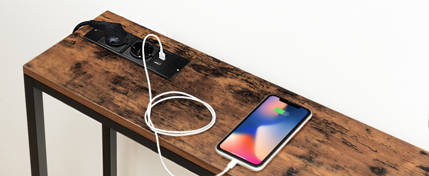 Консольний стіл MAHANCRIS з зарядним пристроєм та USB-портами, вузький стіл для дивана та передпокою, 200 см, індустріальний стиль, колір вінтажний коричневий, ACTBK20UE01