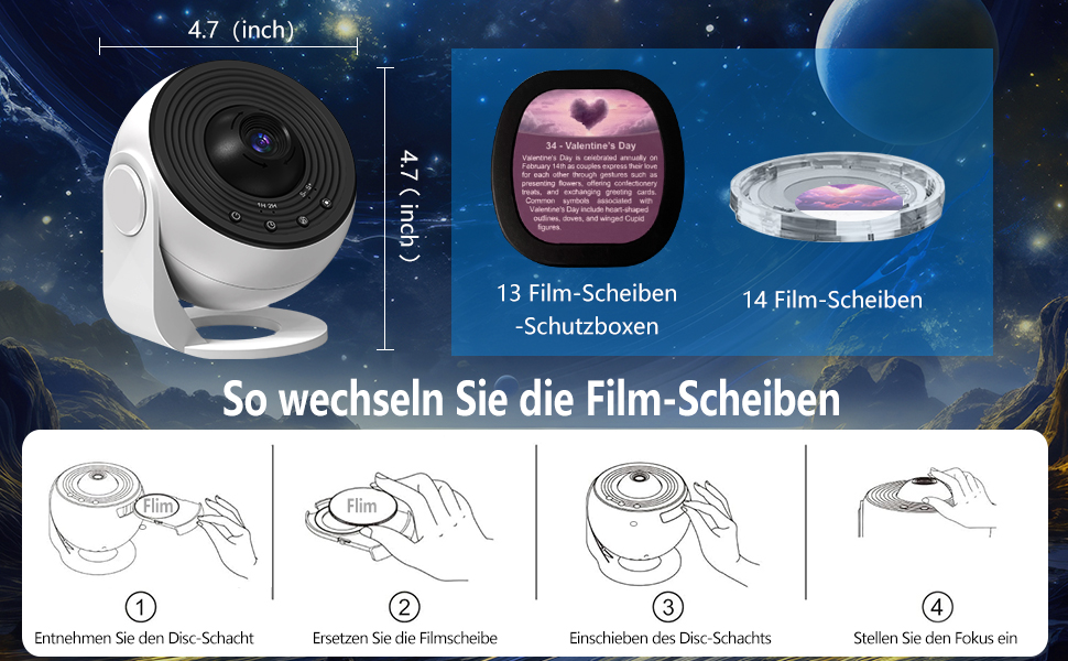 Проектор нічного неба Sternenhimmel Home Planetarium: лампа-проектор зірок та галактики для дітей та дорослих, 14 дисків з планетами, Місяцем та тематичними сценами для спальні