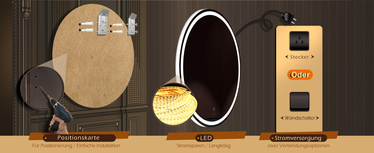 LED дзеркало для ванної кімнати KWW 80 см з регулюванням кольору, протитуманне, диммер, сенсорне керування