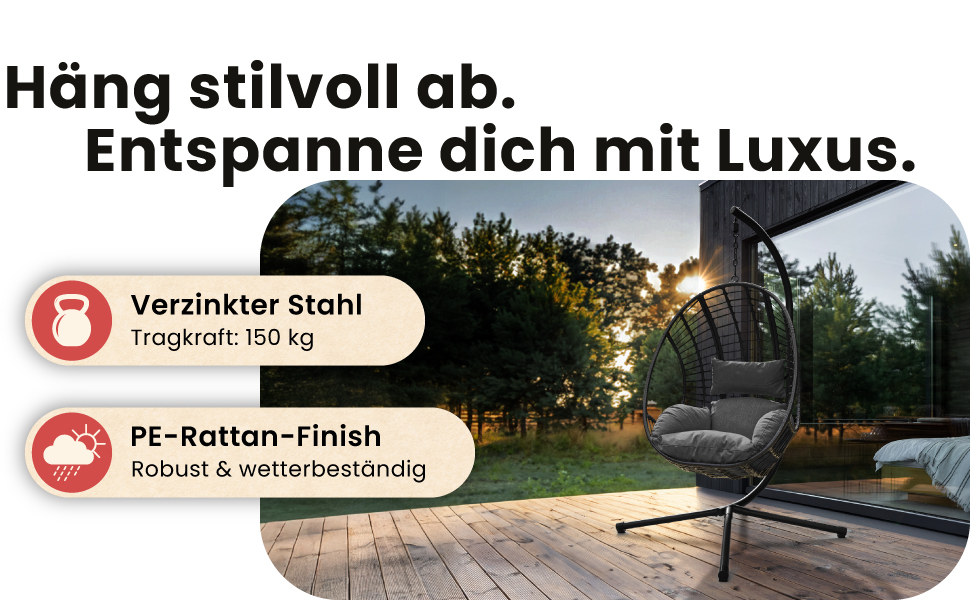 XXL Гамак-крісло Swoods з каркасом для дому та вулиці, яйцеподібне крісло, з подушкою, до 150 кг (темно-сірий)