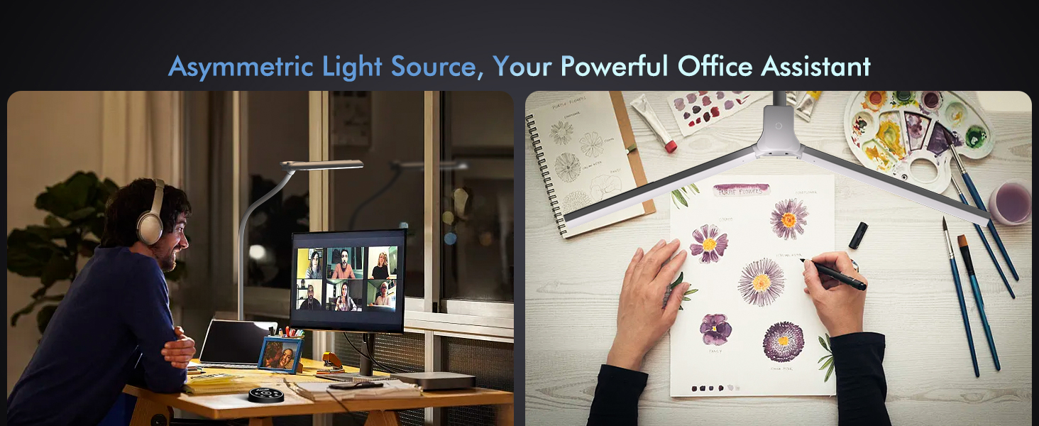 Світлодіодна лампа настільна для дітей з двома головками, захист очей, 16W, 72см, денне світло, з пультом, регулювання яскравості, гнушкий шийний механізм, матовий білий колір