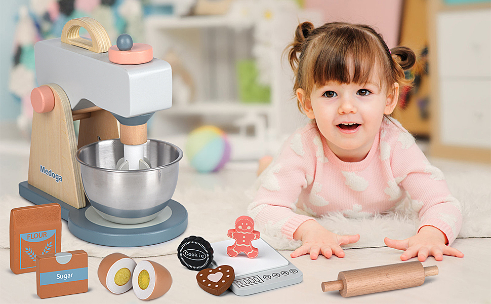 Дитяча дерев'яна кухня для гри - ігровий набір з аксесуарами, 26 предметів, іграшкова кухня для дівчаток та хлопчиків 3+ років, велика кухня з міксером