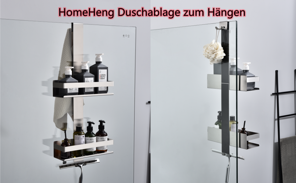 Настінна поличка для душу з 2 ярусами, нержавіюча сталь SUS304, з гачками, для скляних душових кабін, H30BN-2DH, 2 відділення, матове нікель