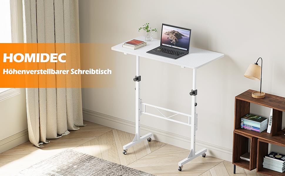 Регульований по висоті комп'ютерний стіл HOMIDEC з колесами, білий 80x40 см - для ходьби, офісу, дому