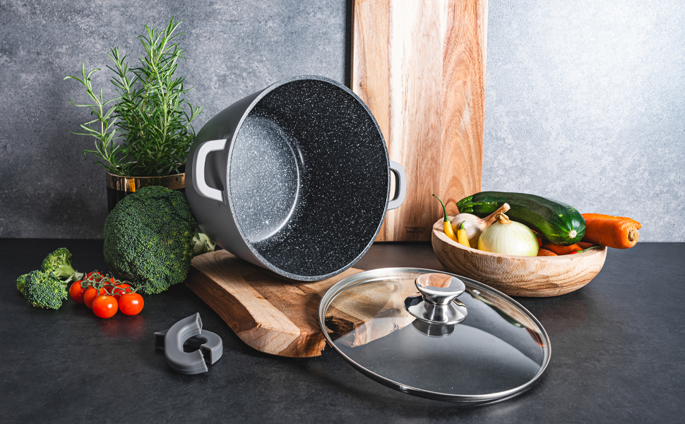 Каструля з антипригарним покриттям 10 літрів з кришкою, діаметр 28 см, з алюмінієвого лиття, для всіх типів плит (включаючи індукцію), сіра. Ідеально підходить для супу, тушкування та приготування великих порцій.