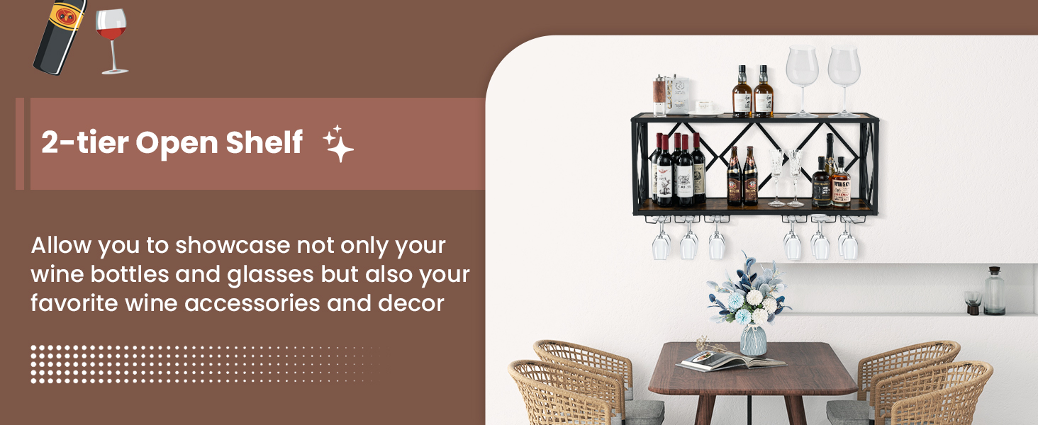 Стильна полиця для вина Komfotteu на стіну, дерев'яна з металевим каркасом, з тримачем для келихів, 60 x 20 x 55 см