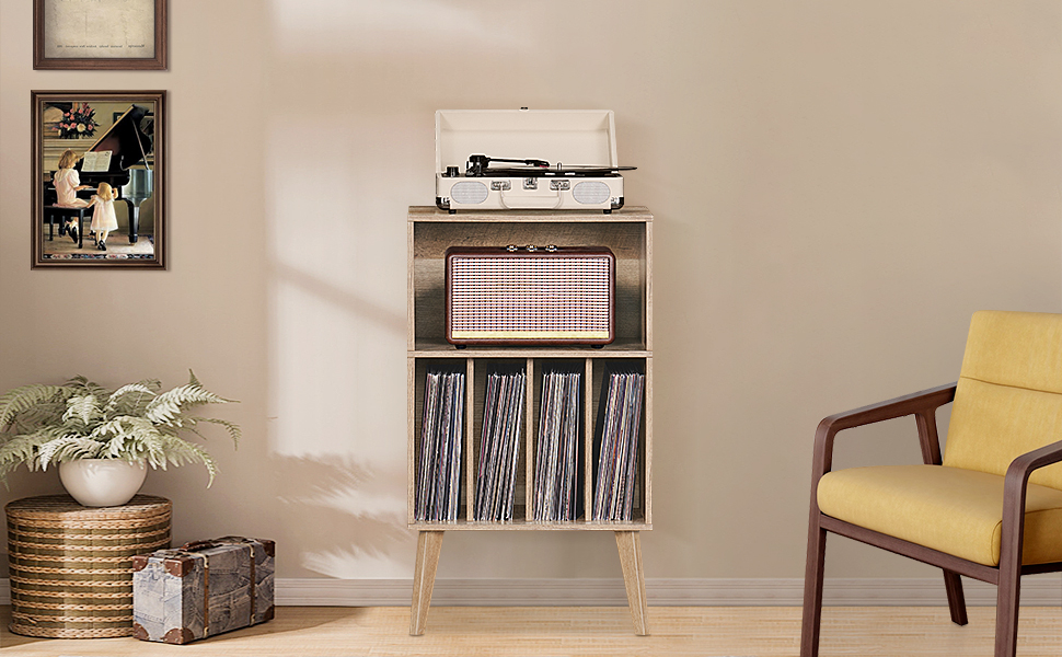Підставка для програвача вінілу: місце для 160 платівок, органайзер для вінілових платівок, Mid-Century дизайн, дерев'яні ніжки, полиця для програвача, білий (дуб)
