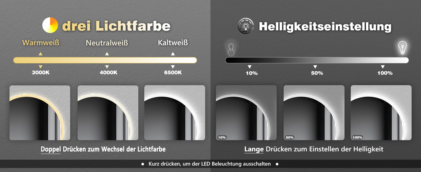 Дзеркало для ванної кімнати Aica LED кругле 50 см, регулювання кольору (холодне/нейтральне/тепле), диммування, функція пам'яті, сенсорне управління, запобігання запотіванню, автоматичне вимкнення (40x40 см)