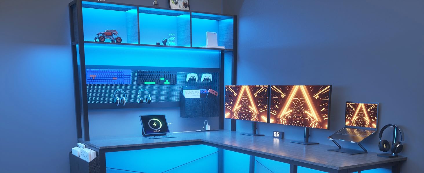 Dowinx Геймінговий кутовий стіл з LED-підсвічуванням, 120x148 см, з розетками та USB, сірий