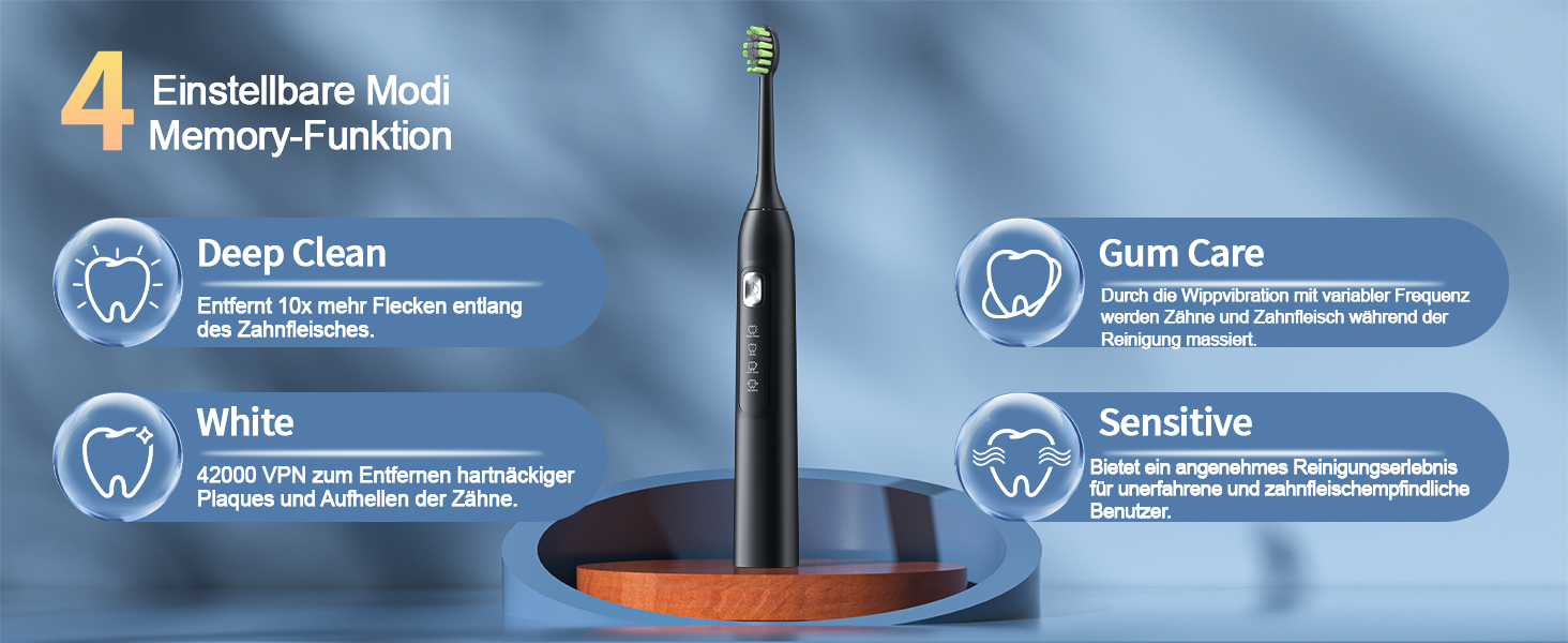 Електрична звукова зубна щітка Y05 2025 з 4 режимами, 42000 VPM, 6 насадок, 120 днів роботи, IPX7, таймер 2 хв, чорна