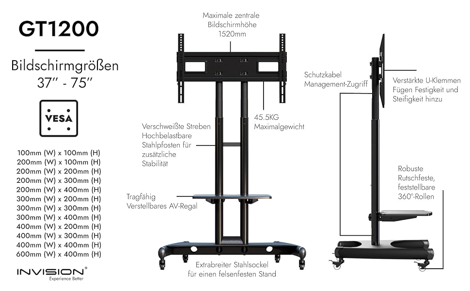 Підставка для телевізора Invision на колесах для екранів 32-75 дюймів, мобільна, регульована по висоті, до 45.5 кг, VESA 600x400, GT1200 ScreenStation
