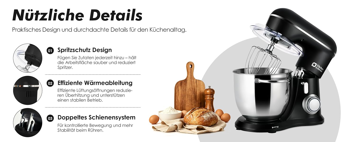 Кухонний комбайн Kitchen in the box Kompakte — планетарний міксер та тістоміс 3.5-5л, 10 швидкостей, з насадками (гак, вінчик, міксер), чорний