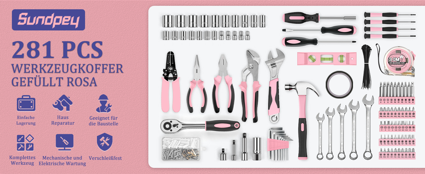 Набір інструментів Sundpey 281 предметів в кейсі рожевого кольору: набір гайкових ключів, викруток, шестигранників, плоскогубців