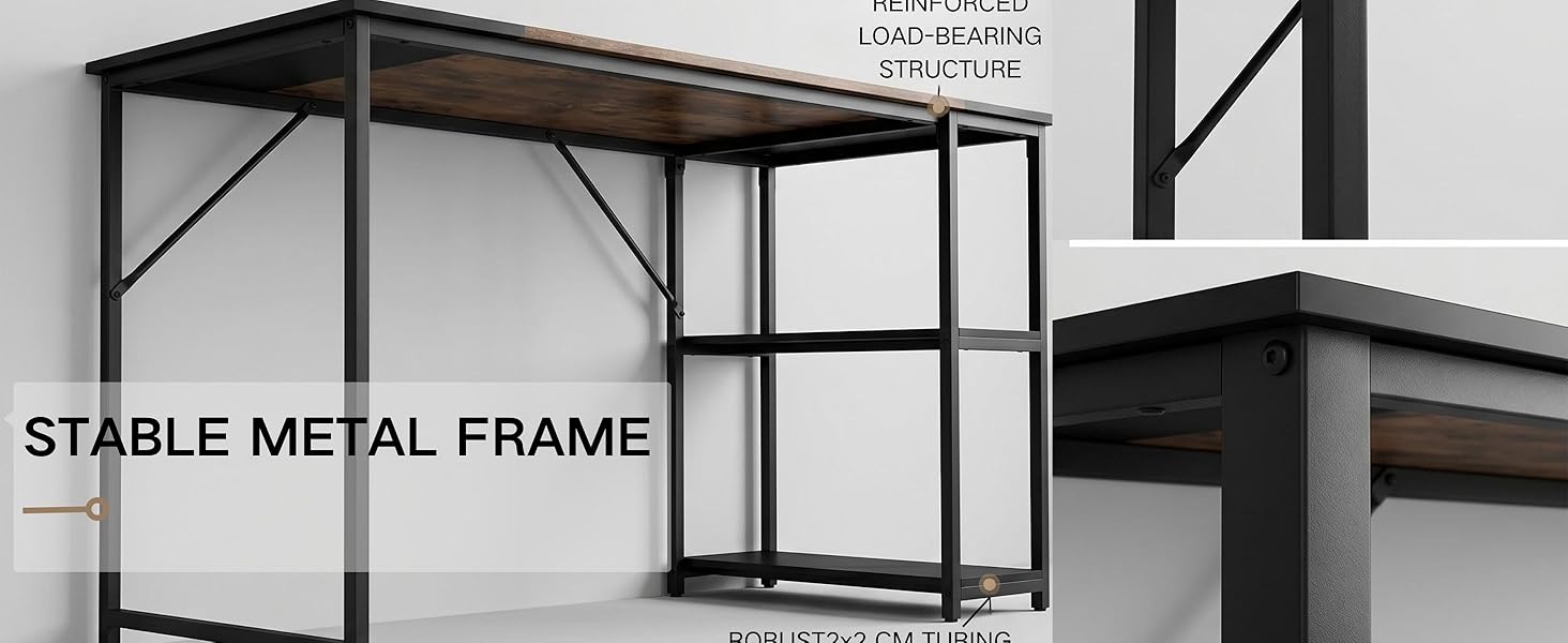 Письмовий стіл з полицями FurnitureR 120x60x74 см, дерев'яний та металевий, для дому, офісу, вітальні, в індустріальному стилі, чорно-коричневий