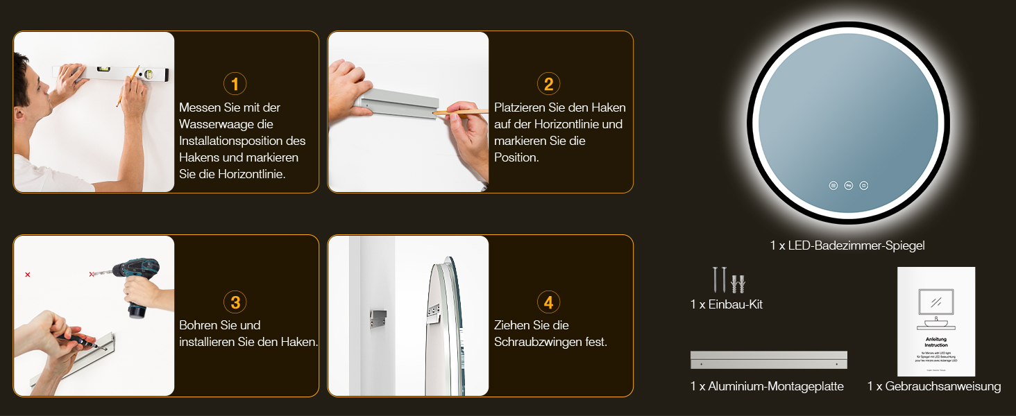 Дзеркало кругле PESENXAN 70см з підсвічуванням та чорним каркасом. Антизапарник, регулювання яскравості, 3 кольори світла, LED, сенсорне управління, функція пам'яті. Розміри: 70x70 см