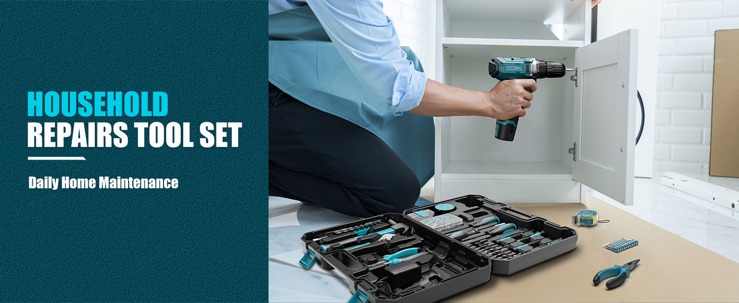 Набір інструментів Sundpey 206 предметів з акумуляторною викруткою 12V для дому та ремонту (синій)