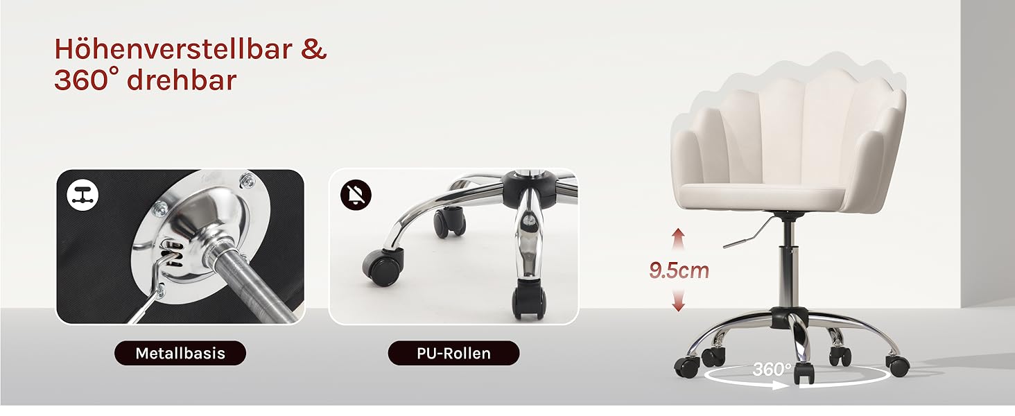 Крісло WOLTU для офісу та дому, крісло до туалетного столика з м'якою спинкою у вигляді пелюсток, поворотне з роликами, регульоване по висоті, для робочого кабінету, спальні, оксамит, бежевий