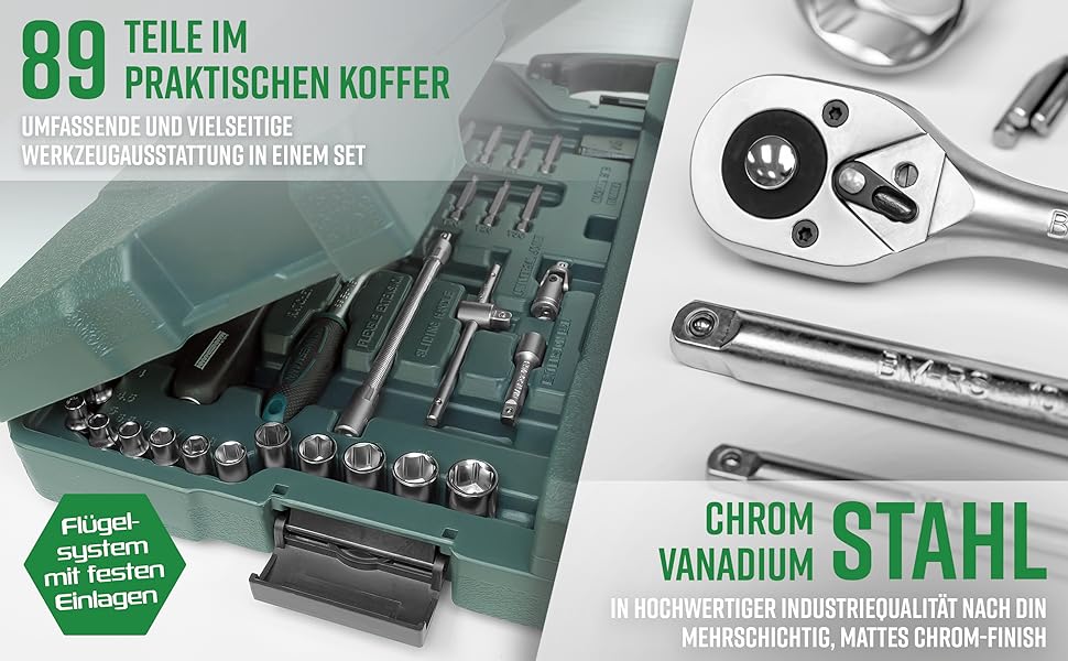 Набір інструментів Brüder Mannesmann 89 предметів, універсальний, сталь Cr-V: пила, молоток, плоскогубці, ключі, тріскачка, рівень M29085