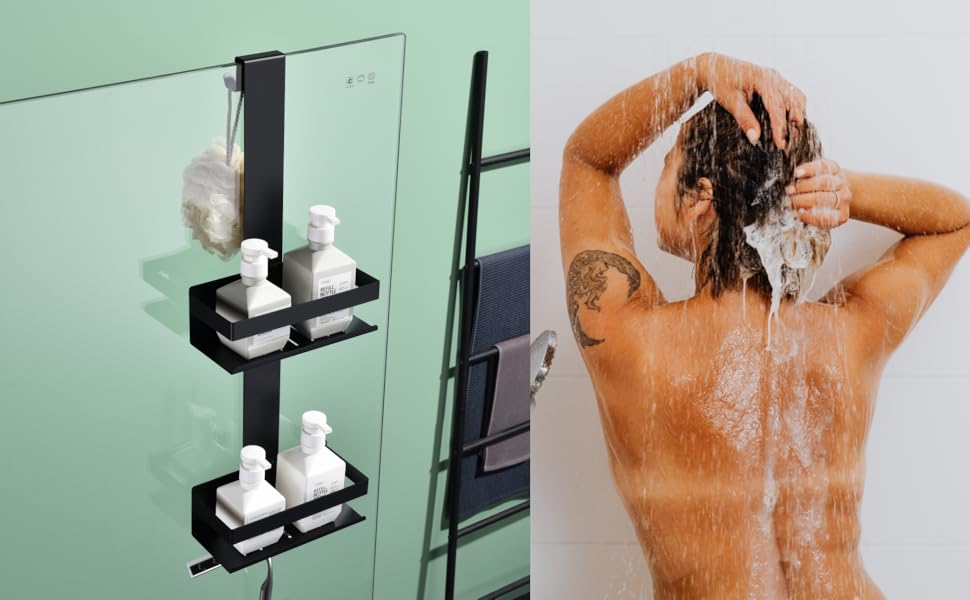 Настінна полиця для душу з 2 ярусами, чорного кольору, з нержавіючої сталі SUS304, з гачками, для скляних душових кабін