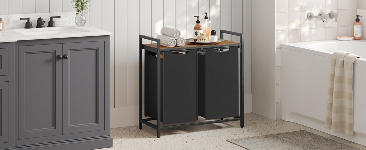 Кошик для білизни VASAGLE з 2 відділеннями, 92 л, чорний + вінтажний коричневий, 73 x 33 x 72 см