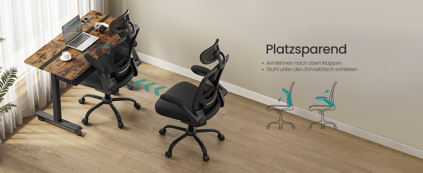 Офісний стіл SONGMICS з ергономічним дизайном, поворотне крісло з сітчастою спинкою, підтримка попереку, функція гойдання, сидіння 53 см, відкидні підлокітники, для роботи та спальні, студентів, OBN037R01 (без підголівника)