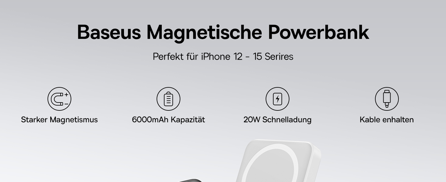 Магнітний павербанк для iPhone 15-12, бездротовий Power Bank 6000mAh PD 20W, USB-C, білий