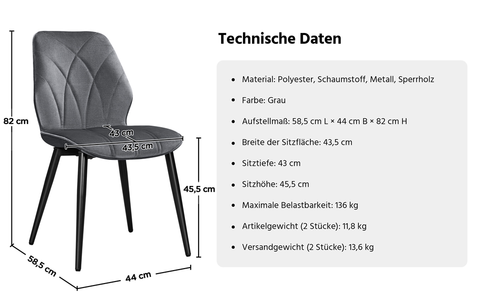 Набір Yaheetech з 2 обідніх стільців, м'які, металеві ніжки, до 136 кг, темно-сірий, поліестер