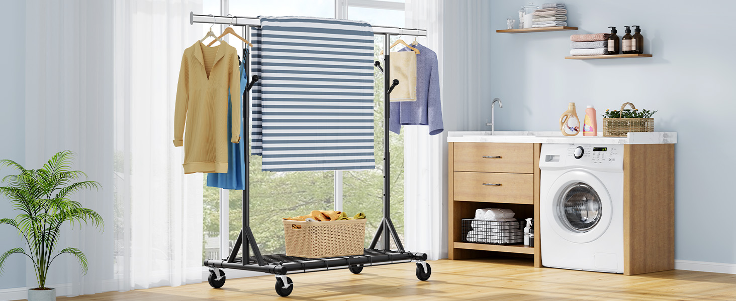 Стійка для одягу на колесах FAVOOOSTY, металева, мобільна, до 200 кг, чорна, 1 перекладина