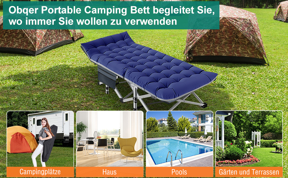 Розкладне кемпінгове ліжко з матрацом та кишенями, сталевий каркас, навантаження до 200 кг, 190x71x36 см, синій