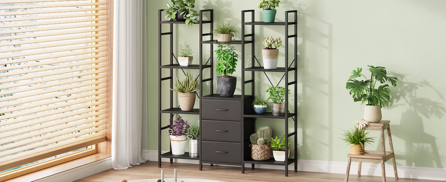 Стильна полиця-стеллаж з 4 висувними ящиками з тканини, 142 см, чорний колір. Ідеально для вітальні, офісу, кухні, балкону. Книжкова полиця, стелаж-куб, полиця для зберігання.