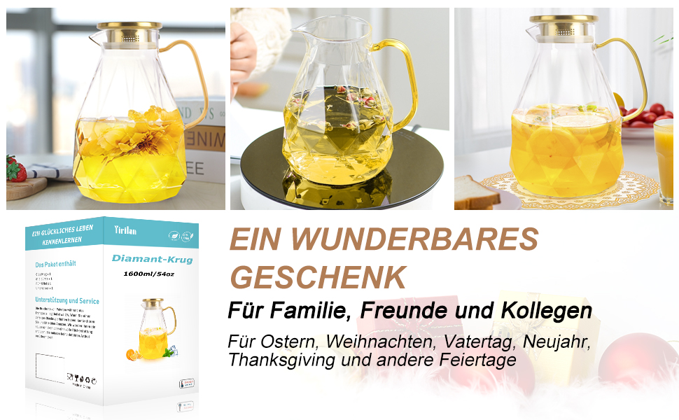 Скляна карафа Yirilan 2.2 л з кришкою, 74 унції, для води, скляна банка, глечик для води, скляний глечик