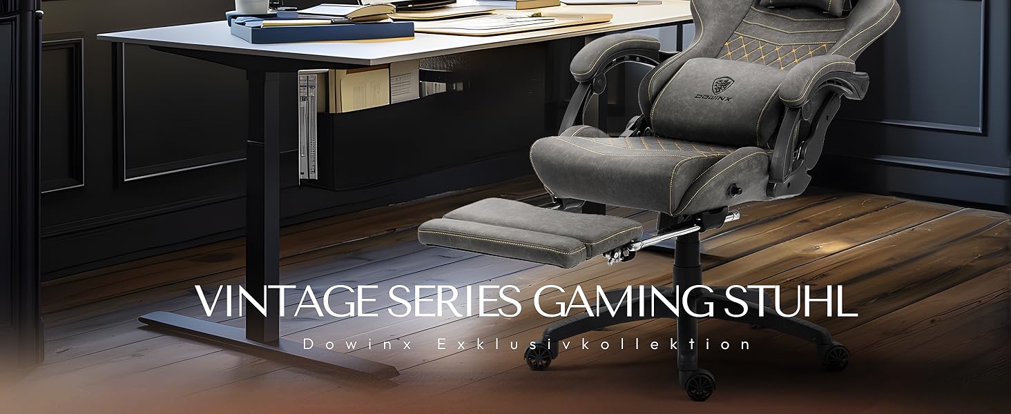 Ігрове крісло Dowinx з підніжкою, масажером попереку та офісним комфортом, до 200 кг, регулювання спинки 165°, сірий