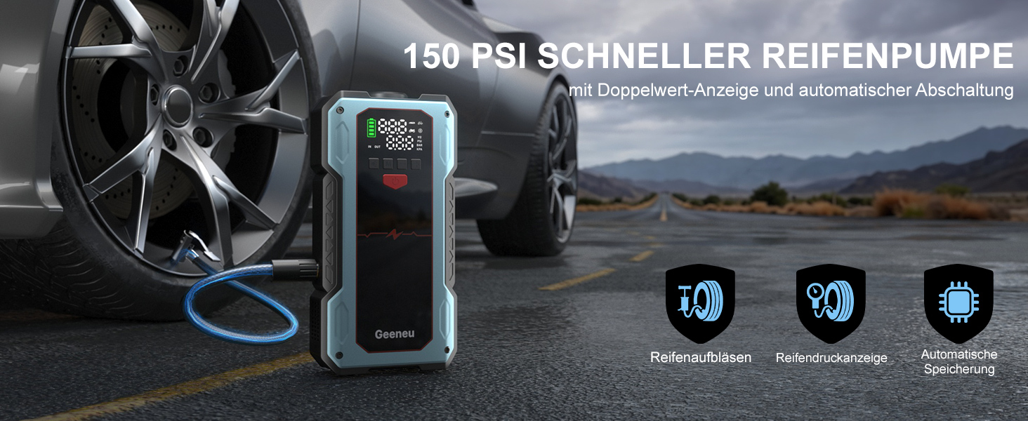 Бустер для авто Starthilfe Powerbank 6000A: пусковий пристрій з компресором 150 PSI, 12V для бензинових (до 9л) та дизельних (до 7.5л) двигунів, синій