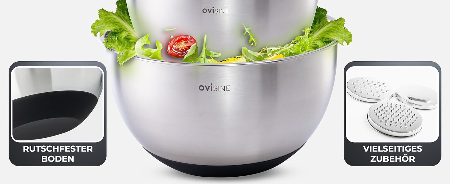 Набір мисок Roumare з нержавіючої сталі | 3 шт. | ⌀ 24, 20, 16 см | Миски для змішування, салатники | Кухня | Нековзний дно | 1,0л - 2,5л - 4,5л | З аксесуарами