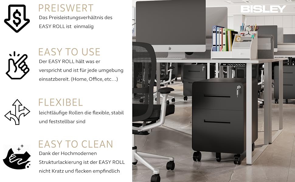 Роликовий контейнер BISLEY EasyRoll з 1 шухлядою та відділенням для документів, чорний. Розміри: 500 x 400 x 500 мм. Для офісу, документів та канцелярії.