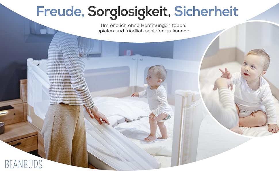 Захисний бортик для ліжка BEANBUDS® 200 см, бежевий - захист від випадання для дитячого та батьківського ліжка, з ременями для кріплення (1 сторона)