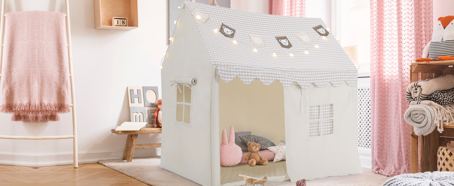 Дитячий намет Mamizо з килимком, прапорцями та світлом, зручний та дихаючий. Ігровий будиночок для дітей, намет для хлопчиків та дівчаток, 125x90x123 см, бежевий колір.