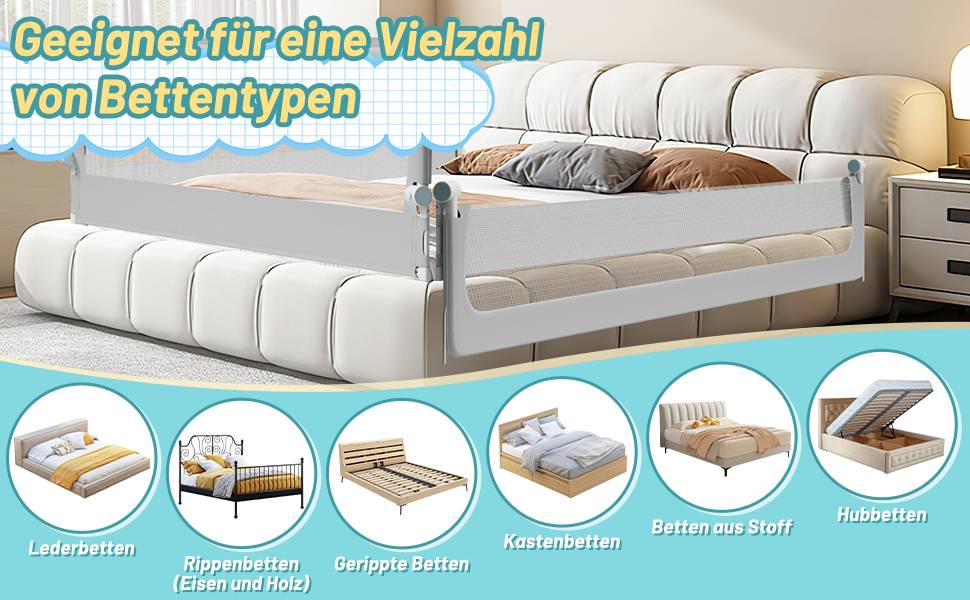 Бортик для ліжка дитячого 200 см, сірий, складаний на 180 градусів, регульована висота 72-86 см, з ременями кріплення