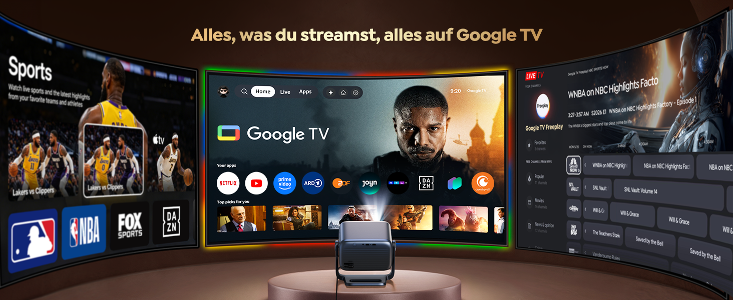 Smart Beamer 4K з Google TV та Bluetooth: LED проєктор для дому та вулиці з автофокусом, HDR10, WiFi, 360° обертання, підтримка HDMI