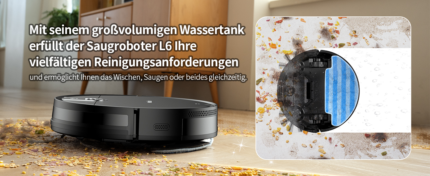 Робот-пилосос VersLife L6 з функцією миття, 4000Pa, керування через додаток, Alexa, до 120 хвилин роботи, ультратонкий дизайн, для видалення шерсті тварин, килимів та твердих підлог, чорний