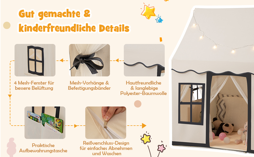 Дитячий намет DREAMADE з гірляндою та килимком, намет Тіпі, дитячий будиночок з вікнами, намет для хлопчиків та дівчаток, для дому та вулиці (Бежевий + Чорний)